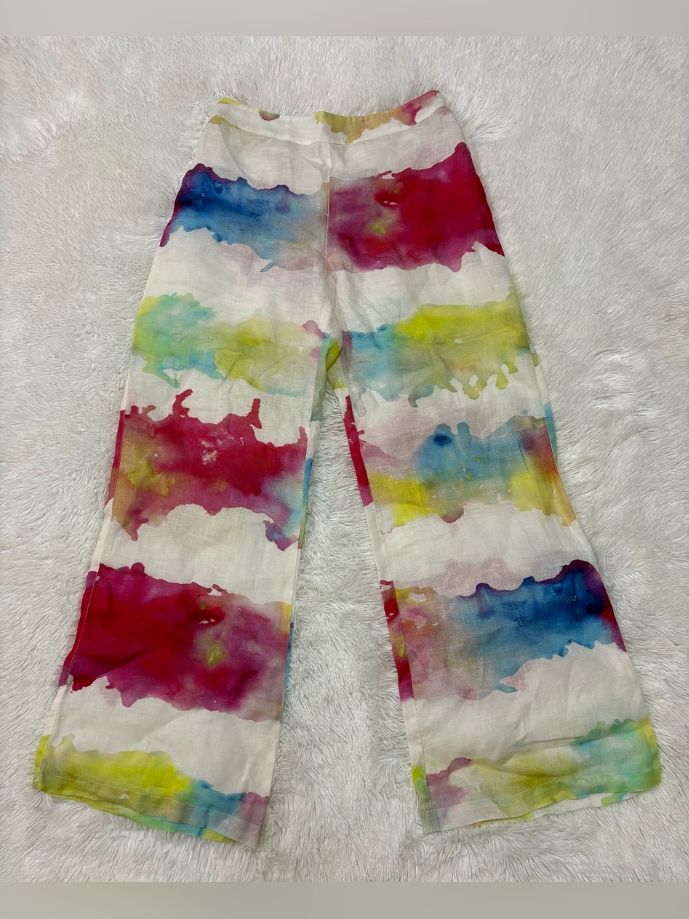 120%Lino women’s pants wide legs White with Multicolor Wash